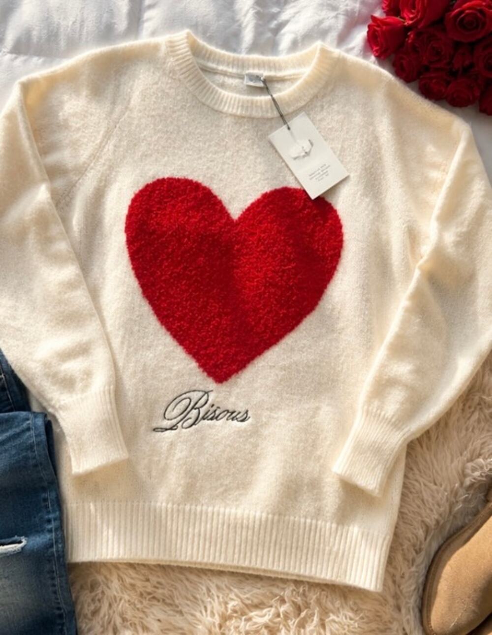 heart sweater  Cream Red Heart Bisous Sweater Soft BNWT Oversized XXL